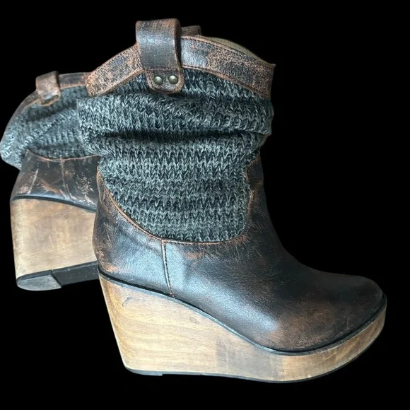 Bed Stu Bruges distressed leather and knit platform wedge boots 6.5 - Picture 1 of 7